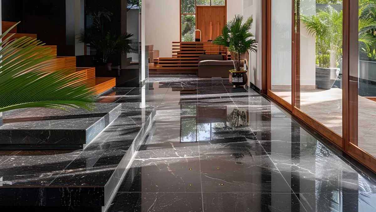 Polished dark granite flooring in a residence