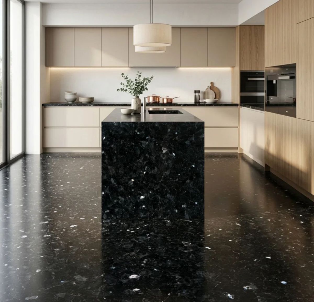 Dark granite cladding and flooring in a modern interior