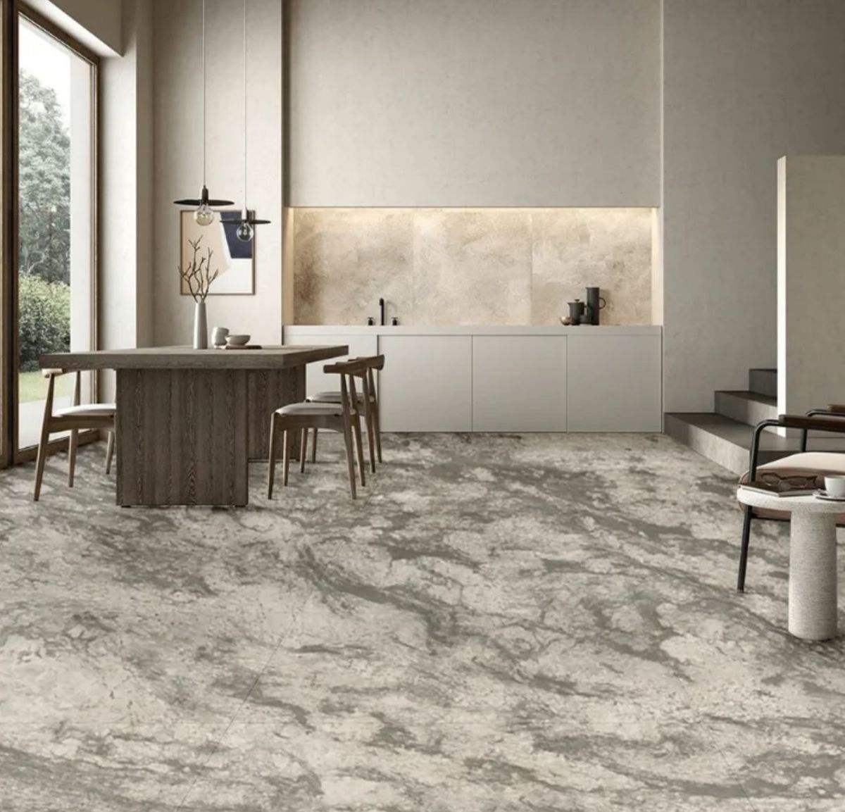 River White granite flooring in a bright dining space