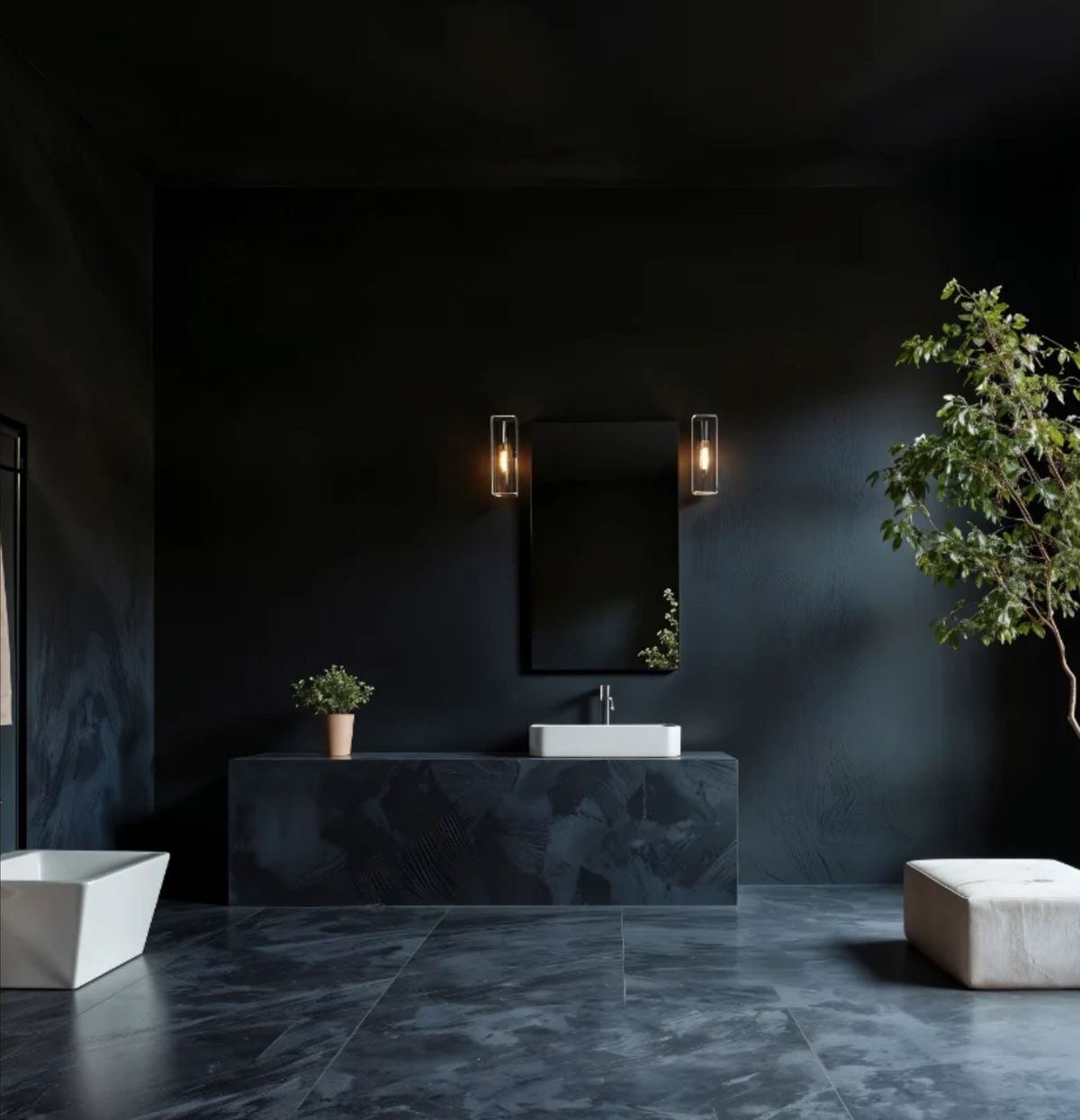 Spicy Black granite vanity and flooring in a dark bathroom